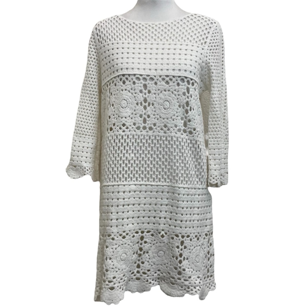 4SI3NNA White Crochet Knit 3/4 Sleeve Beach Festival Coverup Dress